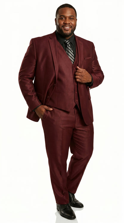 Men’s Burgundy Wine Maroon Sharkskin Vested Suit with Jacket, Vest and Pants