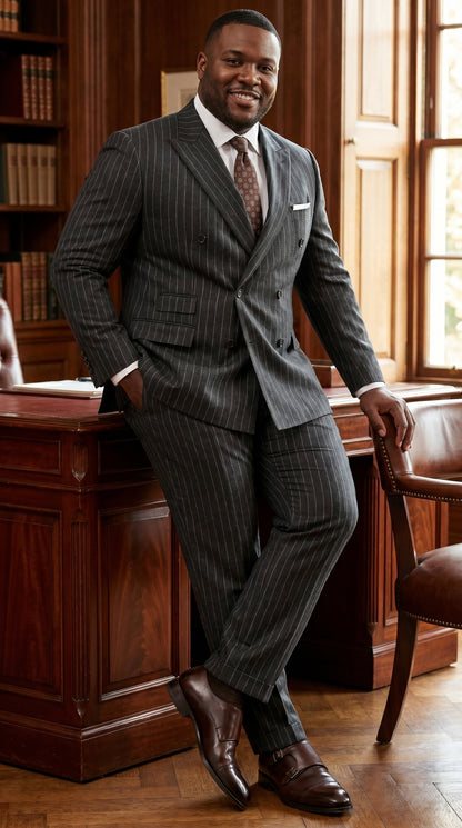 Men’s Grey Pinstripe Slim Fit Wool Suit with 2 Button Jacket and Peak Lapel