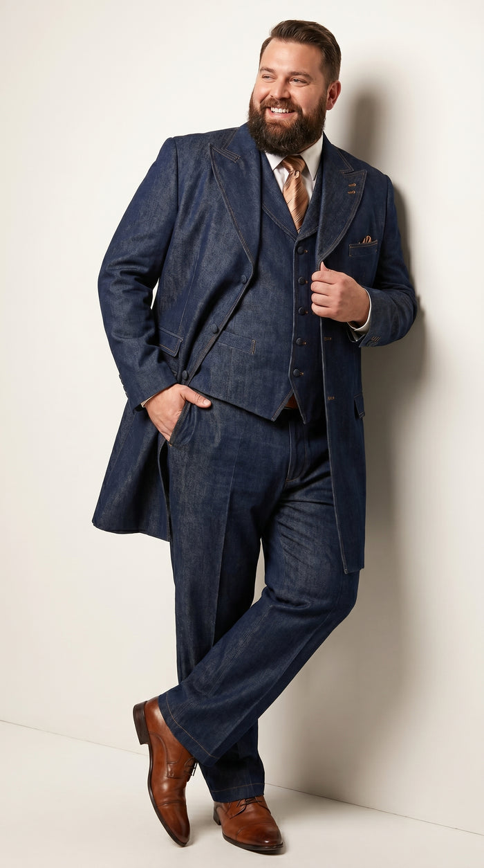 Men’s Blue Denim Zoot Suit with Long Jacket and Vest, Vintage Jeans Style Formal Outfit