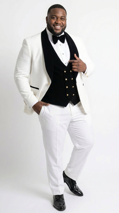 Men’s White and Black Wedding Tuxedo with Black Double Breasted Vest, Groom Prom Suit