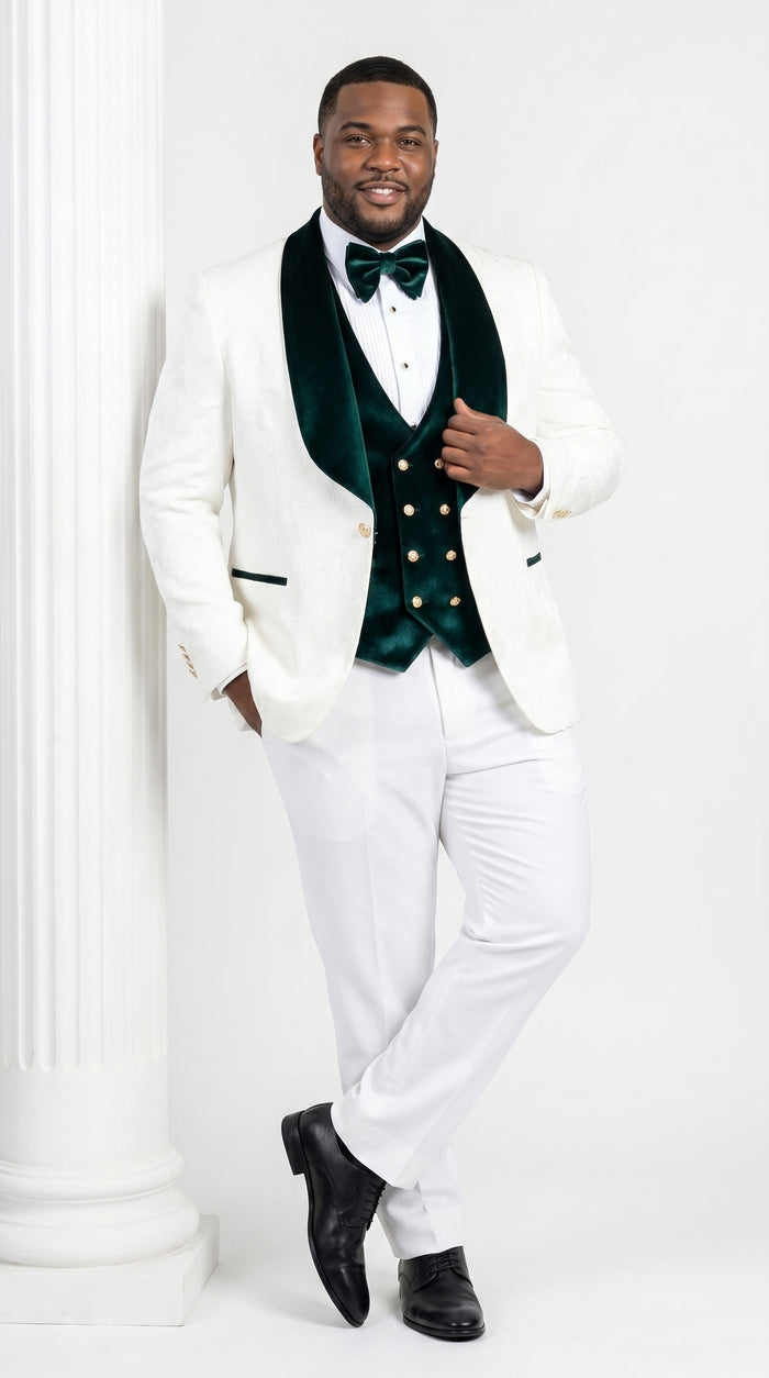 Men’s White and Dark Green Wedding Tuxedo with Double Breasted Vest, Wool Groom Prom Suit