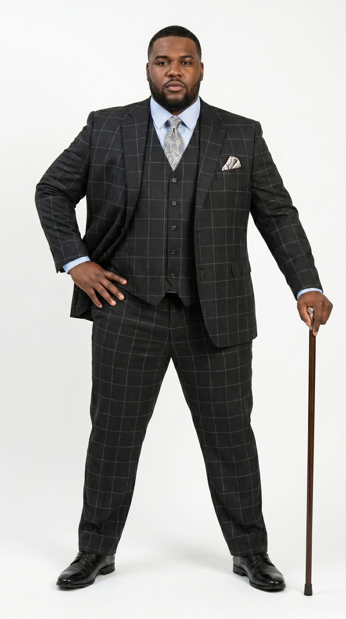 Men’s Black Windowpane Plaid 3 Piece Suit, 1920s Inspired Formal Dress Suit