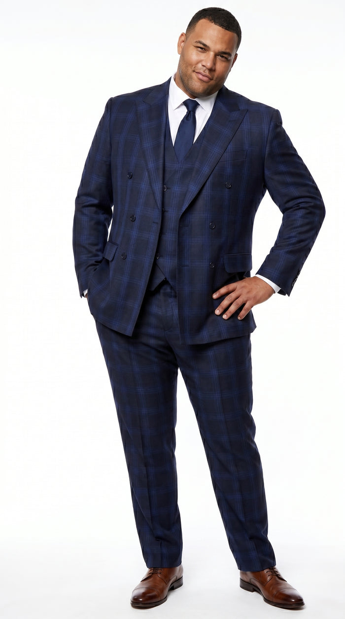 Men’s Indigo Sapphire Blue Plaid 3 Piece Suit with Double Breasted Vest, Slim Fit Windowpane Suit