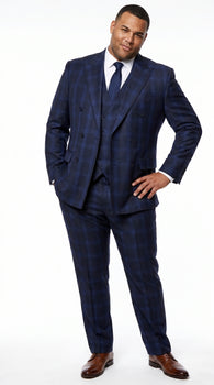 Men’s Indigo Sapphire Blue Plaid 3 Piece Suit with Double Breasted Vest, Slim Fit Windowpane Suit