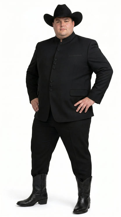 Men’s Apollo King Black 2 Piece Nehru Style Suit with Mandarin Collar, Formal Banded Collar Suit Modern Fit