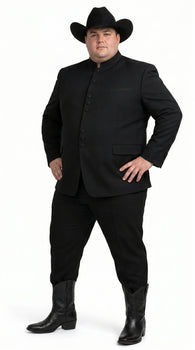 Men’s Apollo King Black 2 Piece Nehru Style Suit with Mandarin Collar, Formal Banded Collar Suit