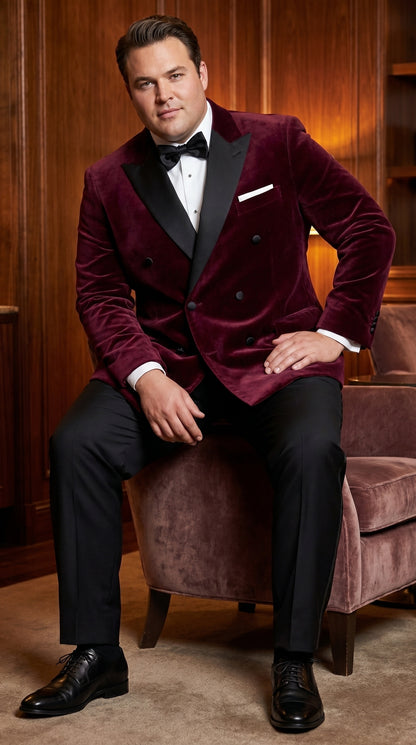 Men’s Burgundy Velvet Tuxedo, Slim Fit Double Breasted Formal Tuxedo Suit for Wedding, Prom and Groom Wear