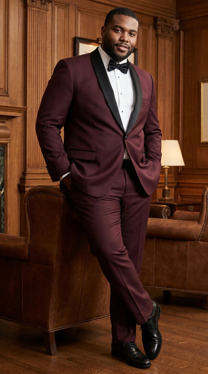 Men’s Maroon Slim Fit Tuxedo with Black Satin Lapel, Burgundy Wine Formal Prom Suit