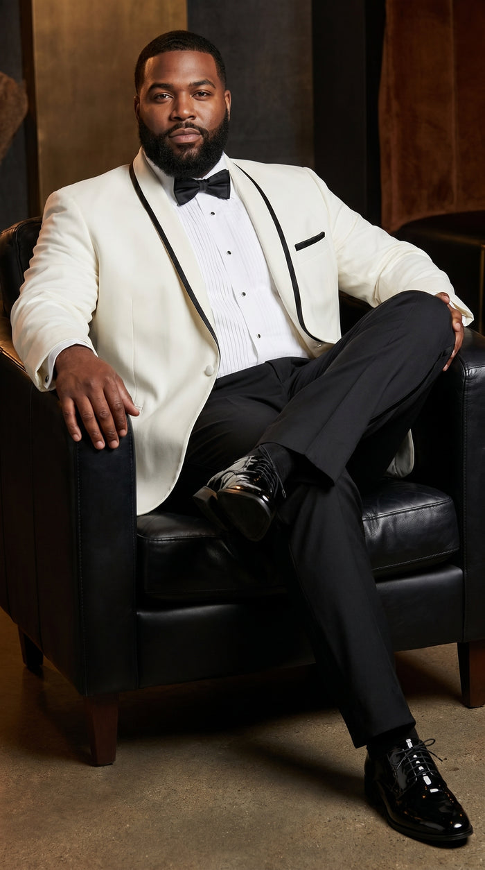 Men’s One Button Ivory Tuxedo Suit with Black Trim, Formal Wedding Prom Dinner Jacket