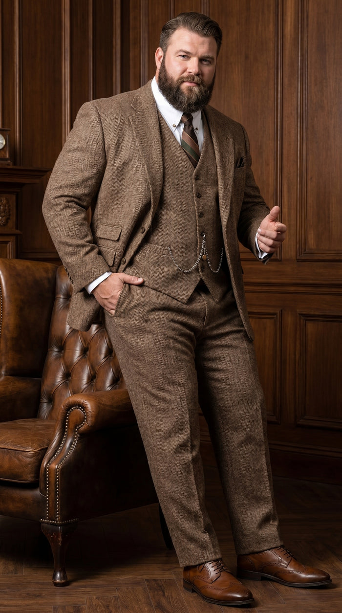 Men’s Light Brown Great Gatsby Tweed Herringbone Vested Suit, Tobey Maguire Inspired 1920s Formal Outfit Modern Fit