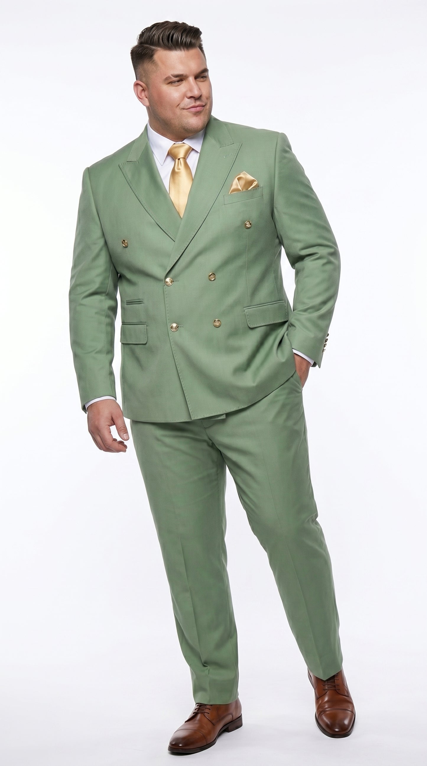 Rossiman Men’s Sage Green Double Breasted Suit with Gold Buttons, Slim Fit Lightweight Summer Suit