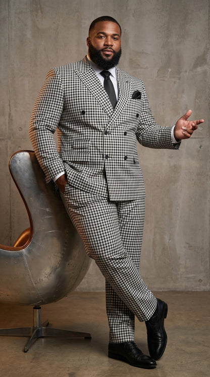 Men’s Black & White Houndstooth Double Breasted Wool Suit – 2 Piece Peak Lapel Suit Modern Fit