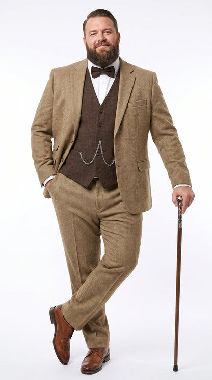 Men’s Great Gatsby Tobey Maguire Inspired Tan Suit with Brown Vest, 1920s Costume Outfit