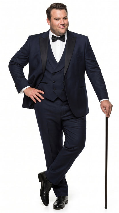 Alberto Nardoni Men’s Black Super 150s Wool Tuxedo with Peak Lapel, Double Breasted Vest and Flat Front Pants