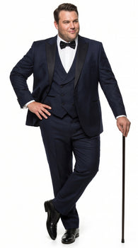 Alberto Nardoni Men’s Black Super 150s Wool Tuxedo with Peak Lapel, Double Breasted Vest and Flat Front Pants