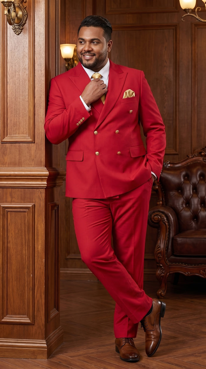 Rossi Man Milano RM1191 Men’s Red Double Breasted Suit with Gold Buttons, Formal Wedding Prom Suit Modern Fit