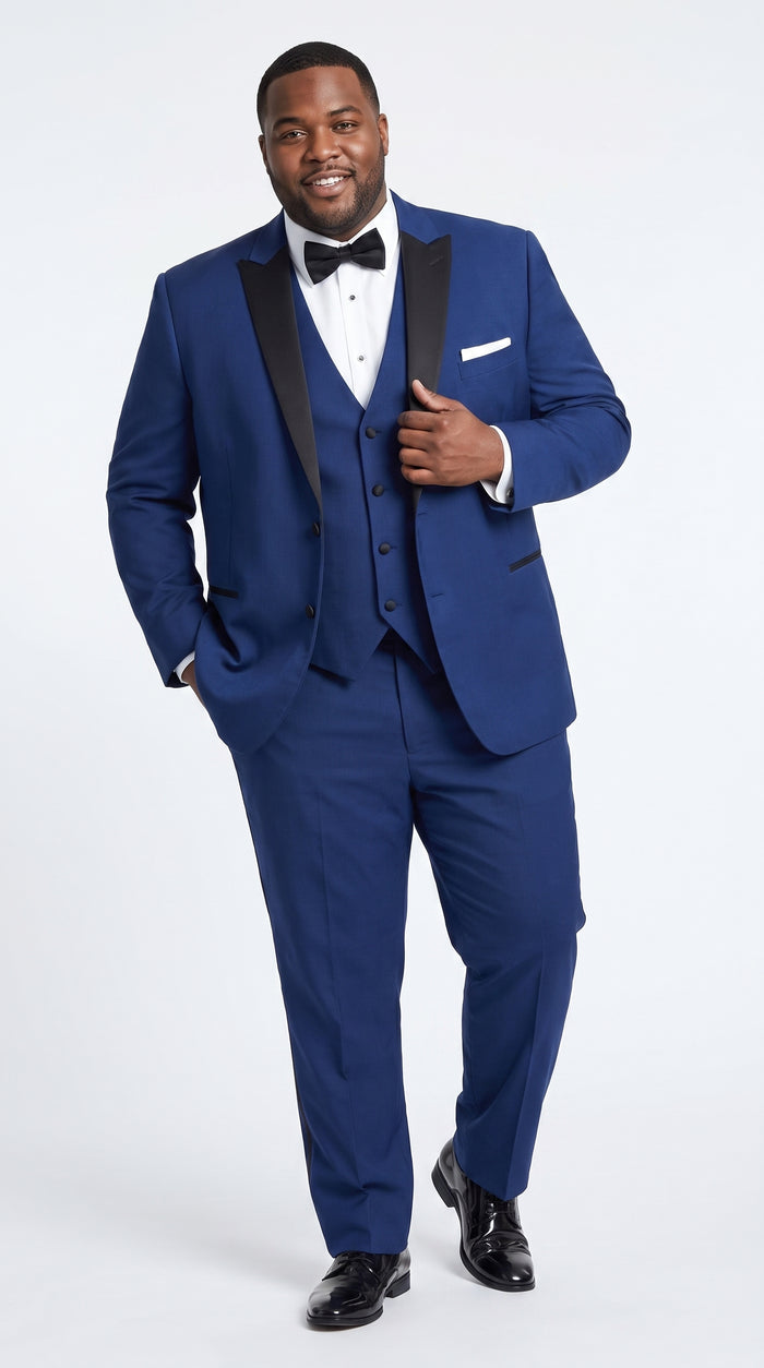 Men’s Indigo Blue Sapphire Cobalt Blue 1 Button Vested Tuxedo with Black Satin Peak Lapel