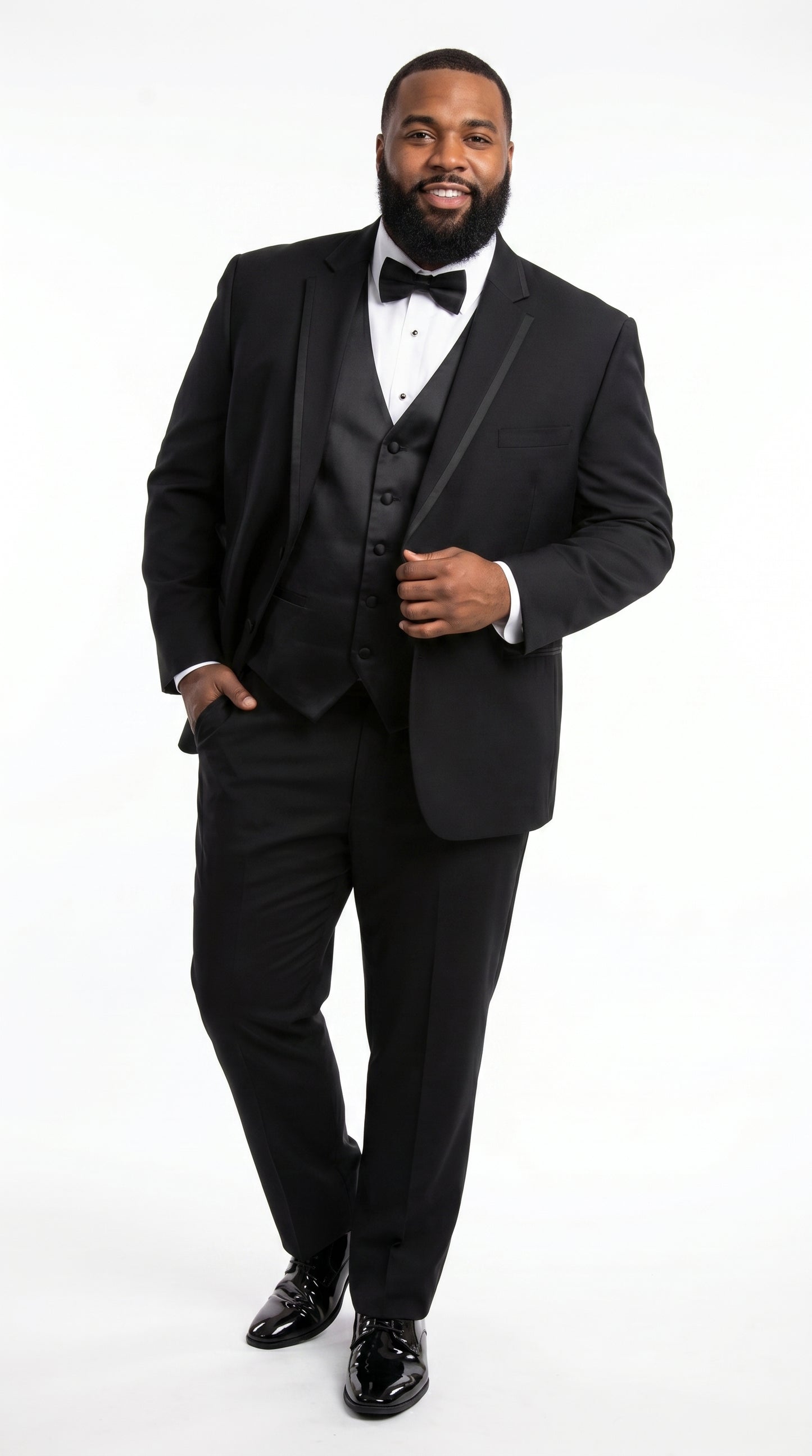 Men’s Black Modern 1 Button Tuxedo Suit with Satin Trim Peak Lapel and Wide Lapel Design
