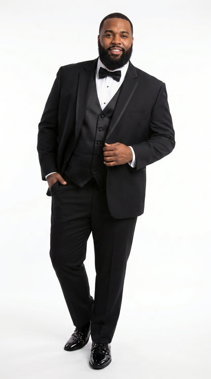 Men’s Black Modern 1 Button Tuxedo Suit with Satin Trim Peak Lapel and Wide Lapel Design