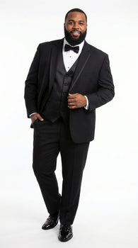 Men’s Black Modern 1 Button Tuxedo Suit with Satin Trim Peak Lapel and Wide Lapel Design