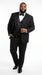 Men’s Black Modern 1 Button Tuxedo Suit with Satin Trim Peak Lapel and Wide Lapel Design
