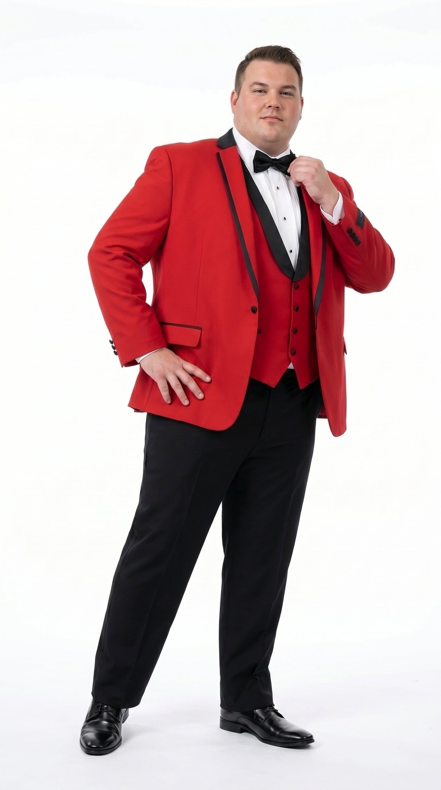 Men’s Red Prom Tuxedo Suit with Vest and Black Trim, Formal Wedding Dinner Suit
