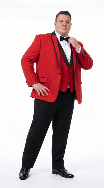 Men’s Red Prom Tuxedo Suit with Vest and Black Trim, Formal Wedding Dinner Suit