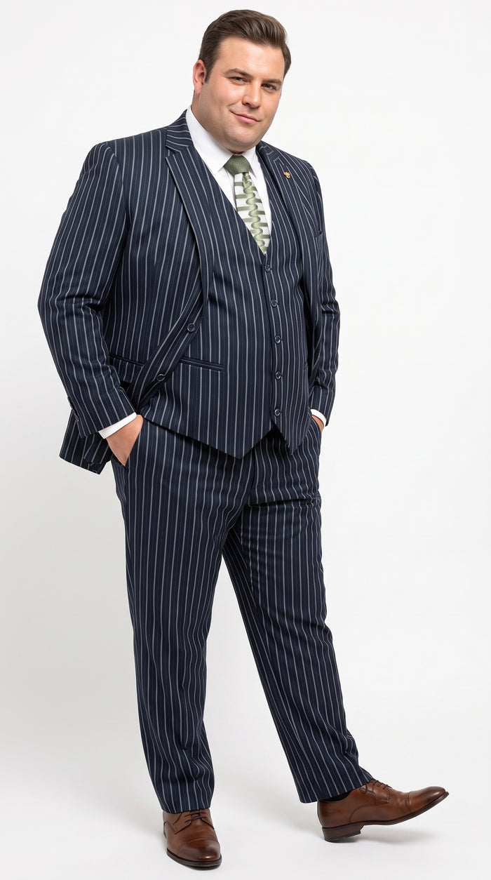 Men’s 1920s Gangster Dark Blue Bold Pinstripe 3 Piece Suit, Vested Fashion Suit with Pleated Pants Modern Fit