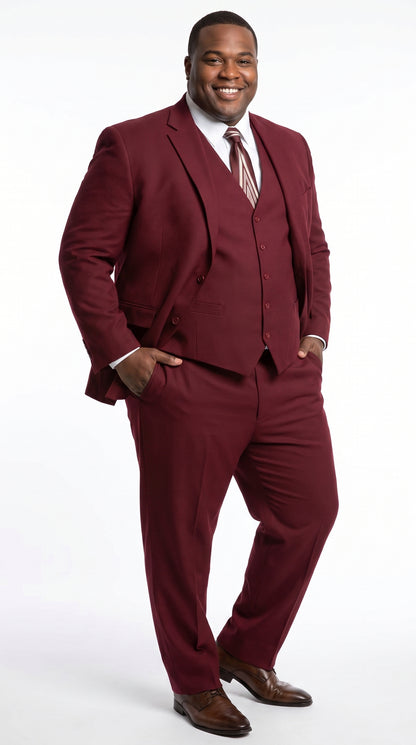 Men’s Burgundy Wine Maroon 3 Piece Vested Suit, Peak Lapel Formal Wedding Church Dress Suit Set