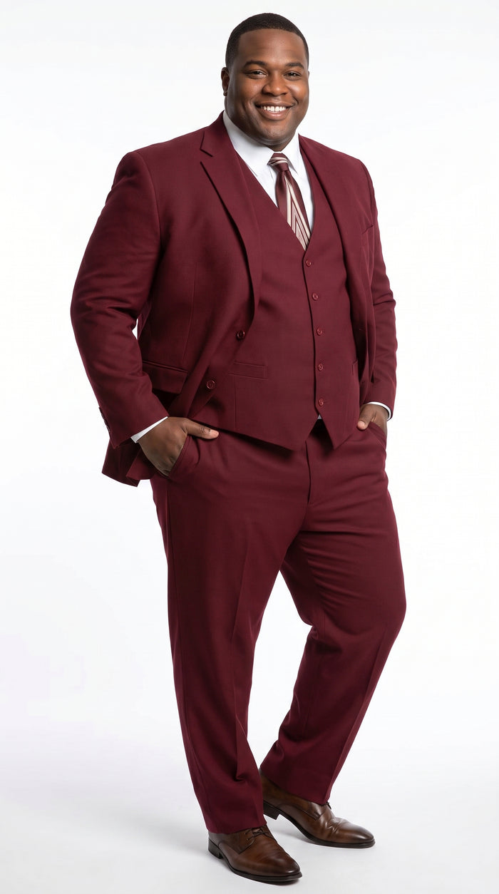 Men’s Burgundy Wine Maroon 3 Piece Vested Suit, Peak Lapel Formal Wedding Church Dress Suit Set