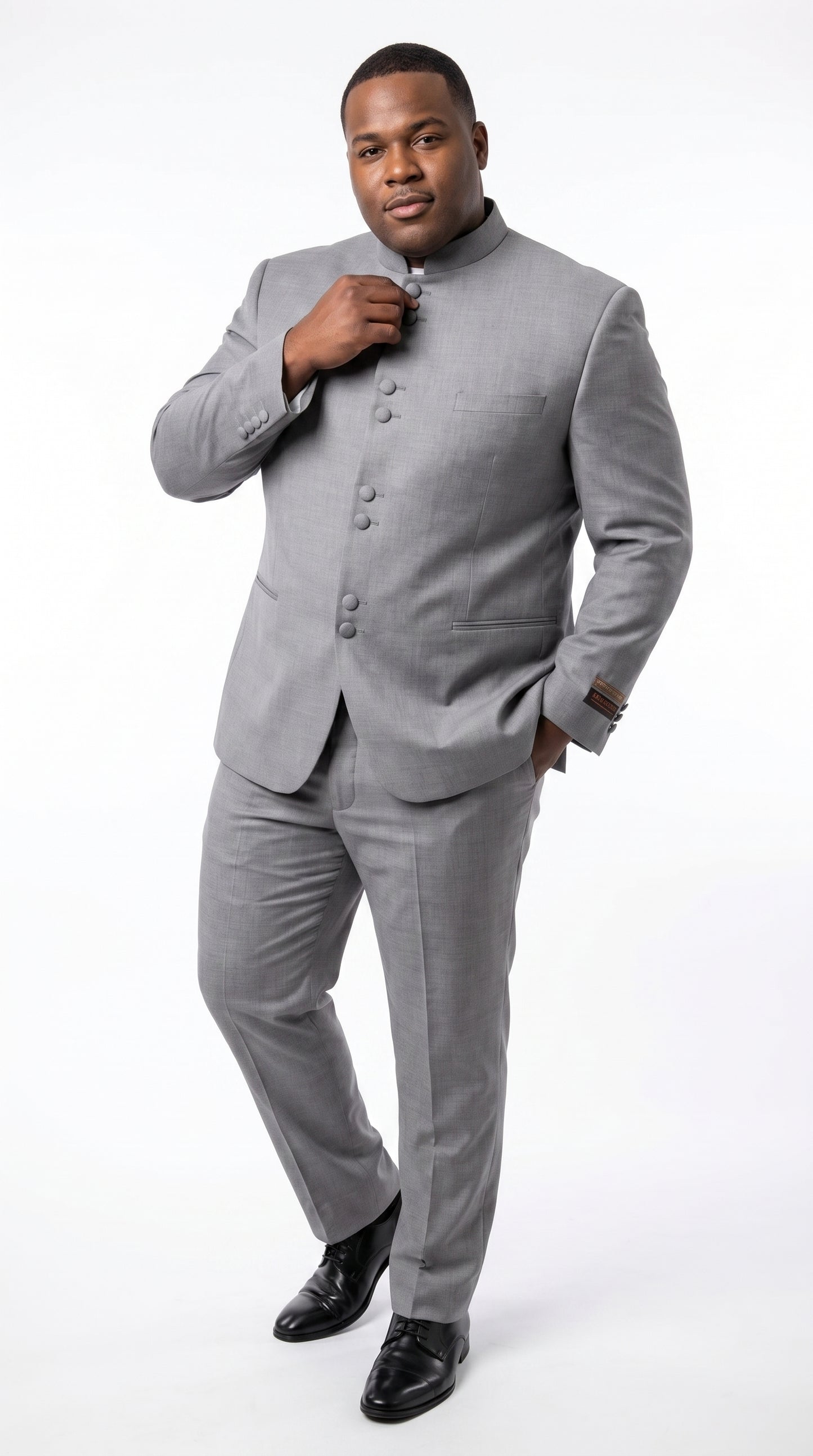 Alberto Nardoni Men’s Light Grey Mandarin Collar Suit, Banded No Collar Formal Wedding Church Suit