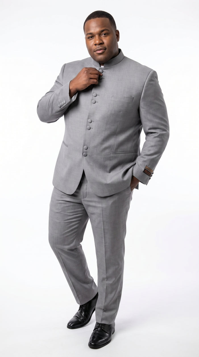Alberto Nardoni Men’s Light Grey Mandarin Collar Suit, Banded No Collar Formal Wedding Church Suit