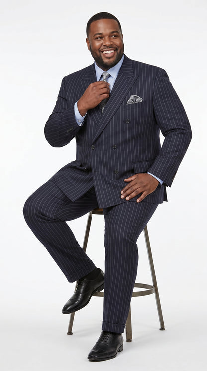 Men’s Dark Navy Blue Chalk Pinstripe Double Breasted Suit, Formal Wedding Business Dress Suit Set Modern Fit
