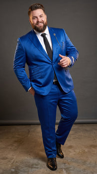 Men’s Shiny Metallic Blue Sharkskin Suit, Single Breasted Formal Wedding Prom Dress Suit Set