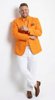 Men’s Mango Orange Blazer with Matching Shirt and Bow Tie, White Pants Formal Outfit