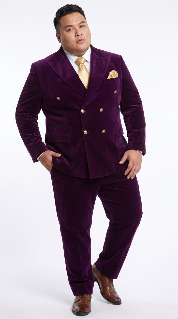 Men’s Rossi Man Zeus Purple Velvet Double Breasted Tuxedo Suit, Formal Wedding Prom Dinner Suit Set