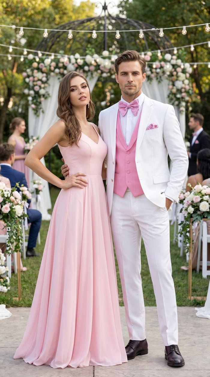 Men’s White and Light Pink Tuxedo Wedding Suit with Dinner Jacket, Vest, Pants and Bow Tie