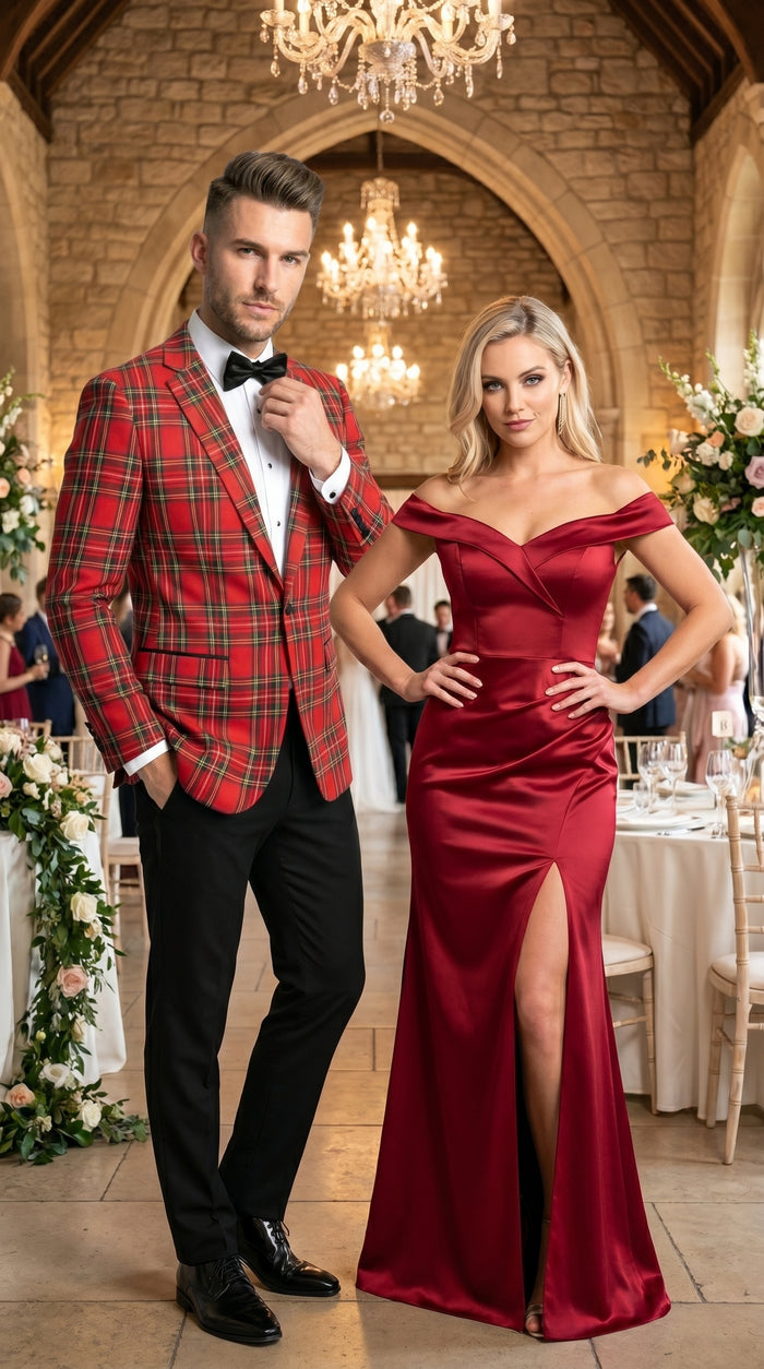 Men’s Red Tartan Plaid Tuxedo Jacket with Black Shawl Lapel, Holiday Christmas Wedding Prom Blazer