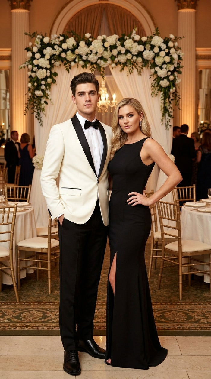 Men’s Ivory Cream Dinner Jacket Tuxedo with Black Shawl Lapel, White Blazer and Black Trouser Formal Suit for Weddings, Prom, Parties, and Special Occasions