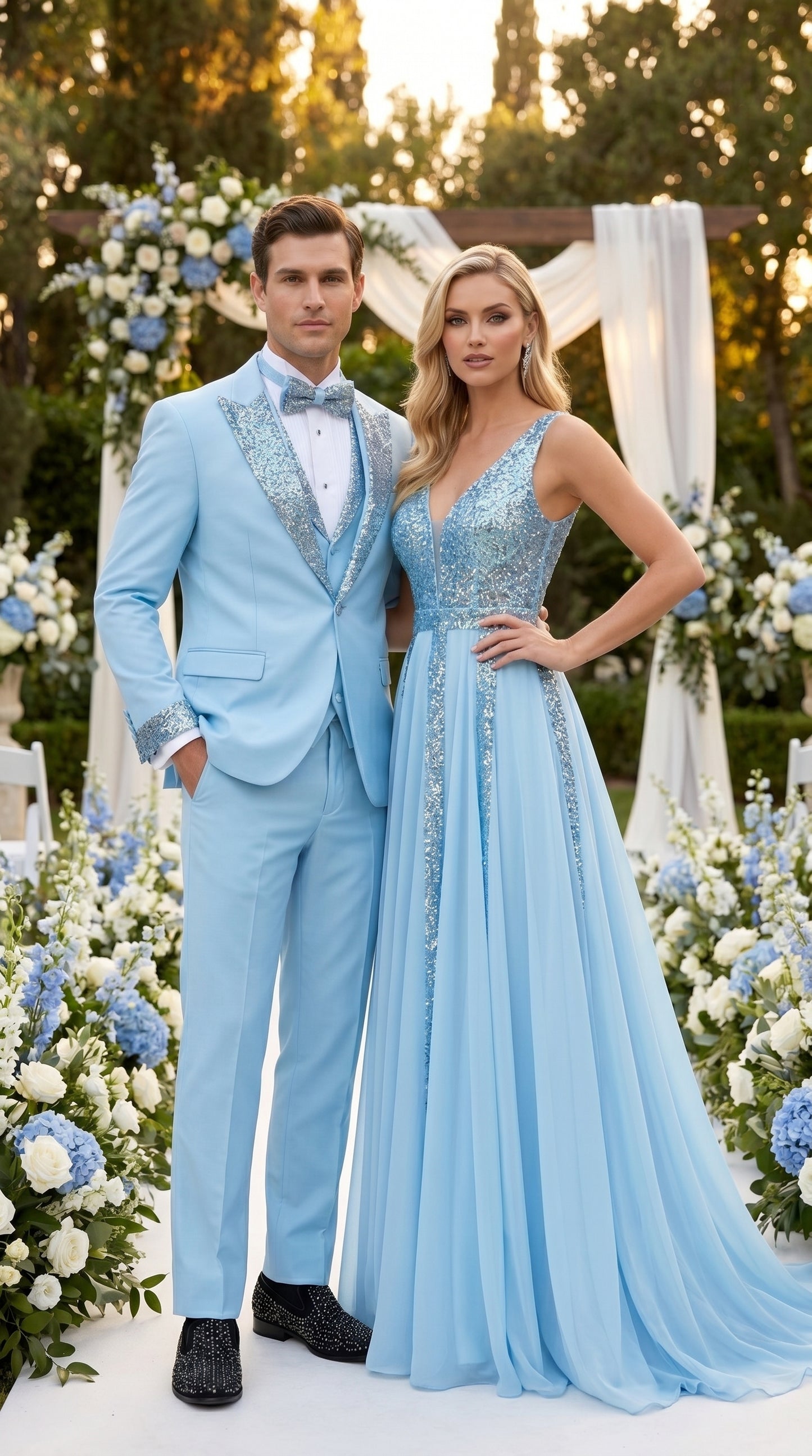 Men’s Baby Blue Prom Tuxedo with Vested Suit, Rhinestone Sequin Lapel and Matching Pants