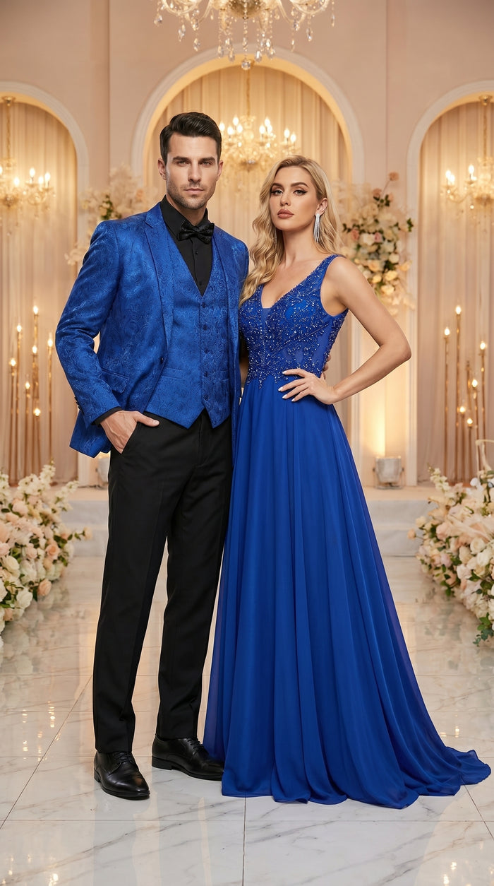 Men’s Royal Blue Indigo Paisley Prom Tuxedo Suit with Floral Jacket, Vest and Pants