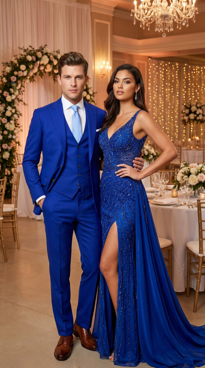 Men’s Electric Royal Blue Suit with Two Flap Front Pockets, Formal Wedding Prom Dress Suit
