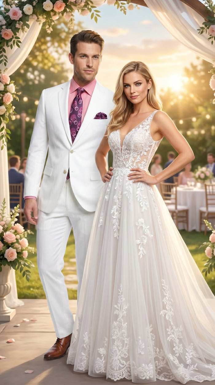 Men’s White Linen 2 Piece Suit with Two Button Jacket, Side Vents and Matching Pants