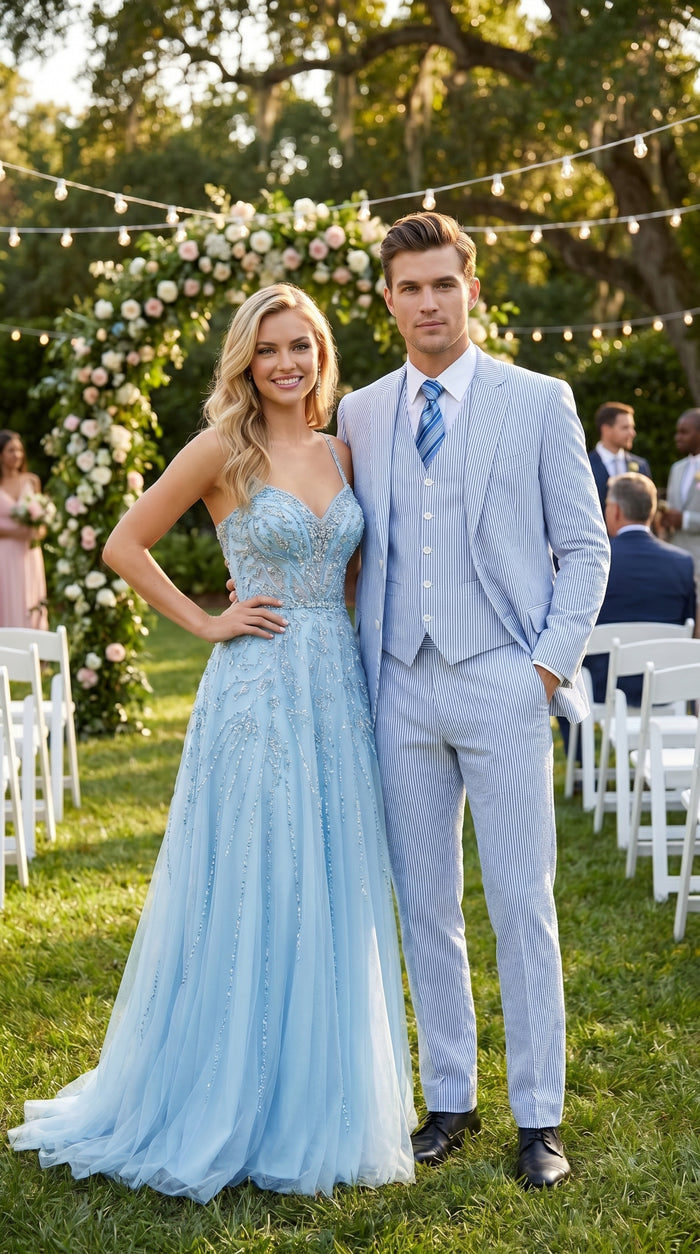 Men’s Light Blue Seersucker Suit with Jacket, Vest and Pants, High Quality Summer Dress Suit