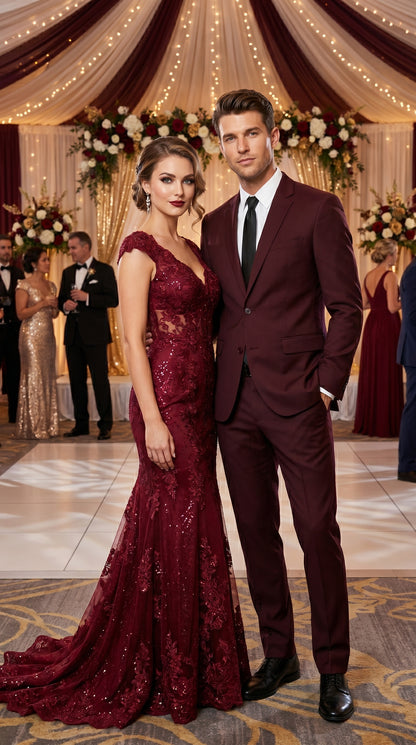 Men’s Burgundy Maroon Wine Suit with 2 Button Jacket and Matching Pants, Formal Wedding Dress Suit