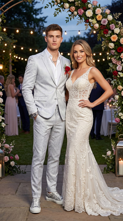 Men’s Silver Grey Shiny Paisley Graduation Suit, Formal Prom Wedding Dress Suit Modern Fit