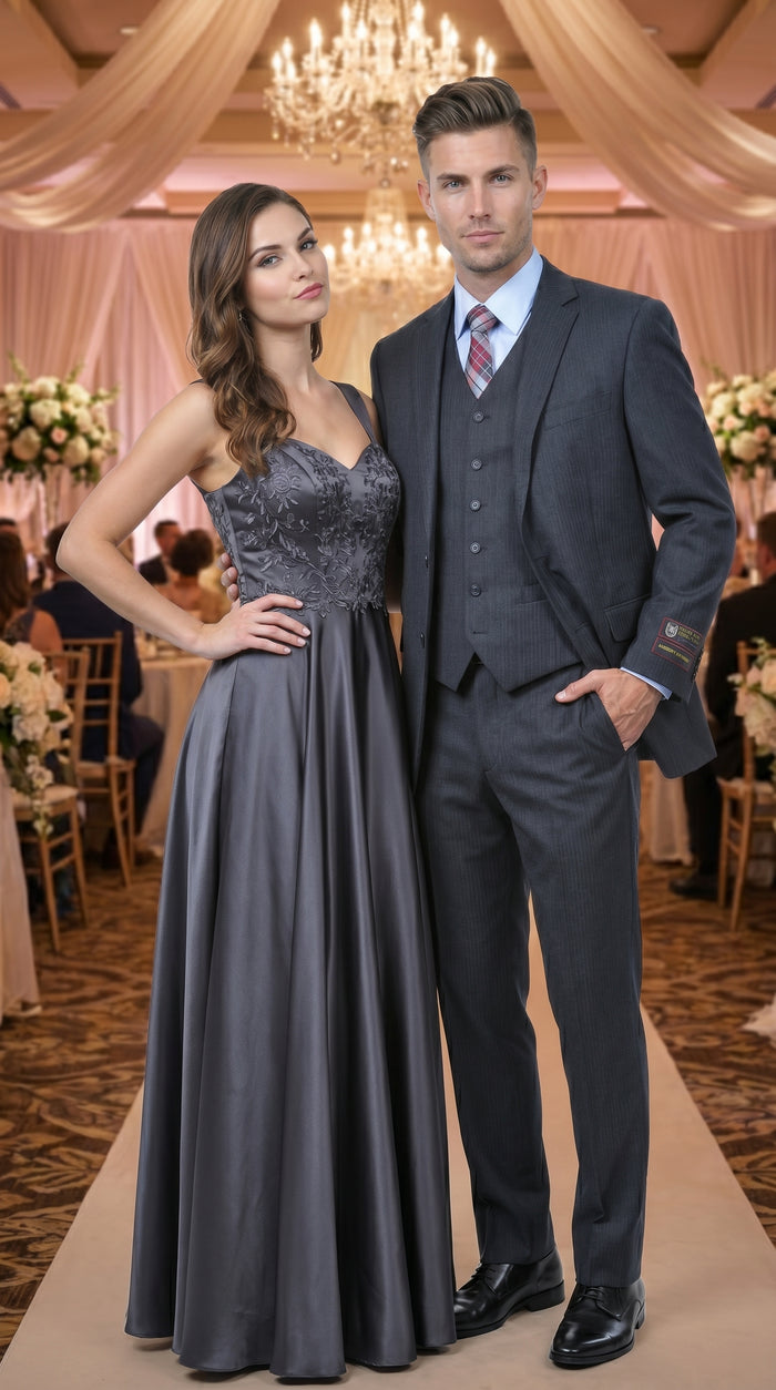 Men’s Charcoal Grey 2 Button Vested Business Suit, Formal Wedding Dress Suit