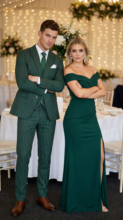 Men’s Hunter Green Great Gatsby Pinstripe 3 Piece Suit, 1920s Gangster Outfit