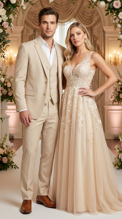 Men’s Champagne Wedding Suit with Vest, Summer Formal Groom and Beach Wedding Suit