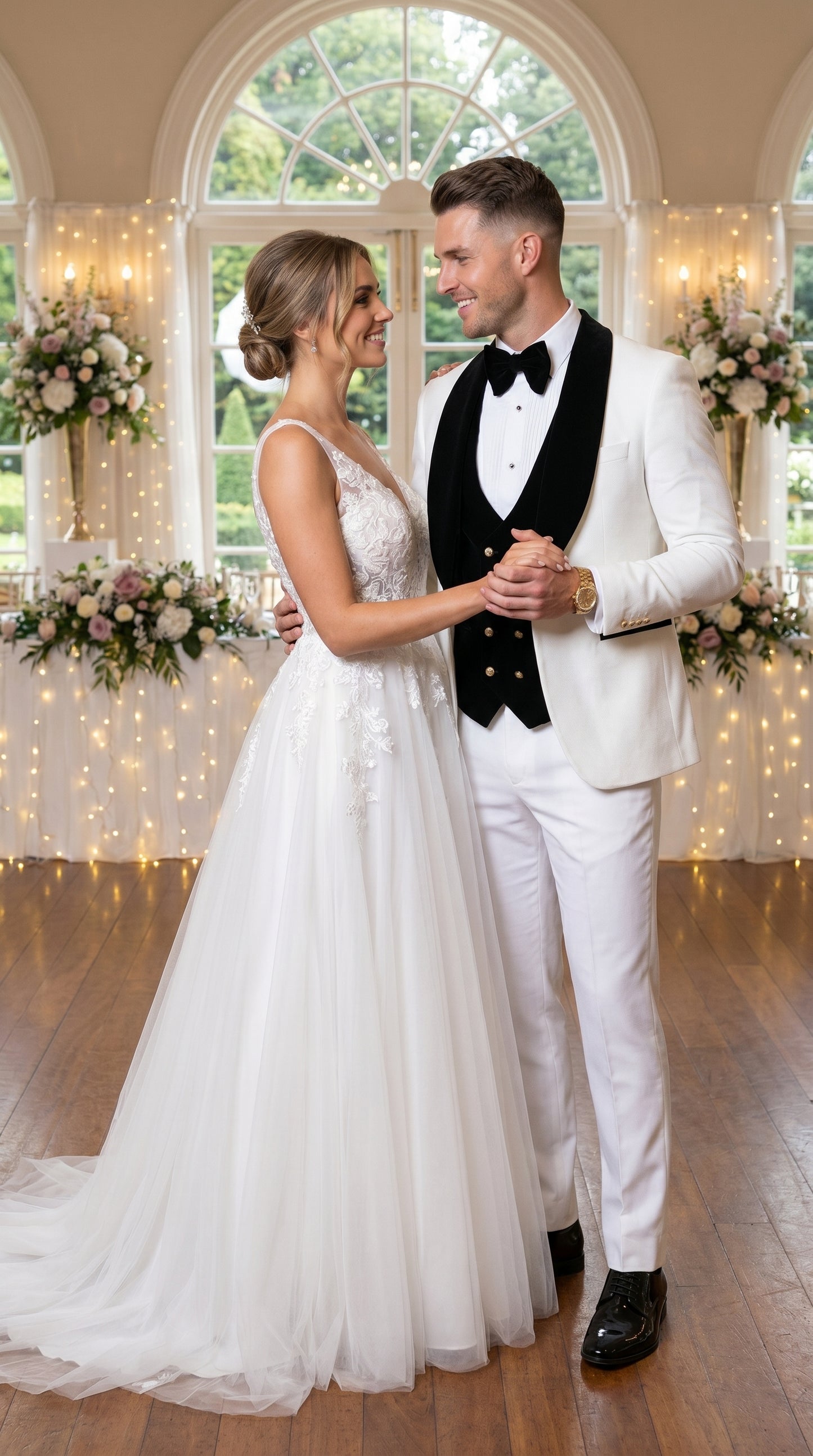 Men’s White and Black Wedding Tuxedo with Black Double Breasted Vest, Groom Prom Suit
